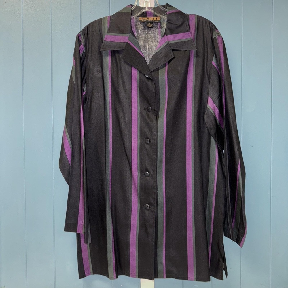 Vintage FINITY NATURALS Striped 100% SILK Black Purple blouse‎ *READ/SEE